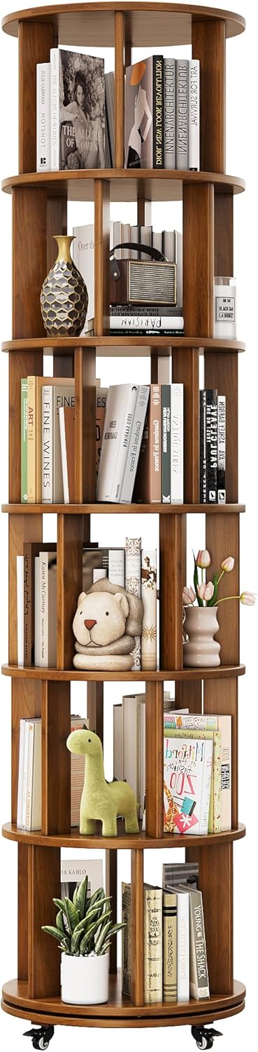 IUNVR Rotating Bookshelf, 6 Tier Solid Wood Bookshelf Tower with Lockable Wheels, 360° Spinning Revolving Bookcase for Small Spaces, Corners, Bedroom, Kids Room, Home Office, Walnut