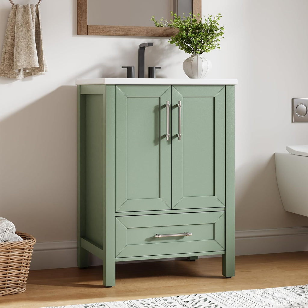 IDEALHOUSE 30" Bathroom Vanity with Sink, Freestanding Wooden Bathroom Vanity Cabinet with Soft-Closing Door and Metal Handle, Modern Floor Standing Storage for Small Spaces,Light Green