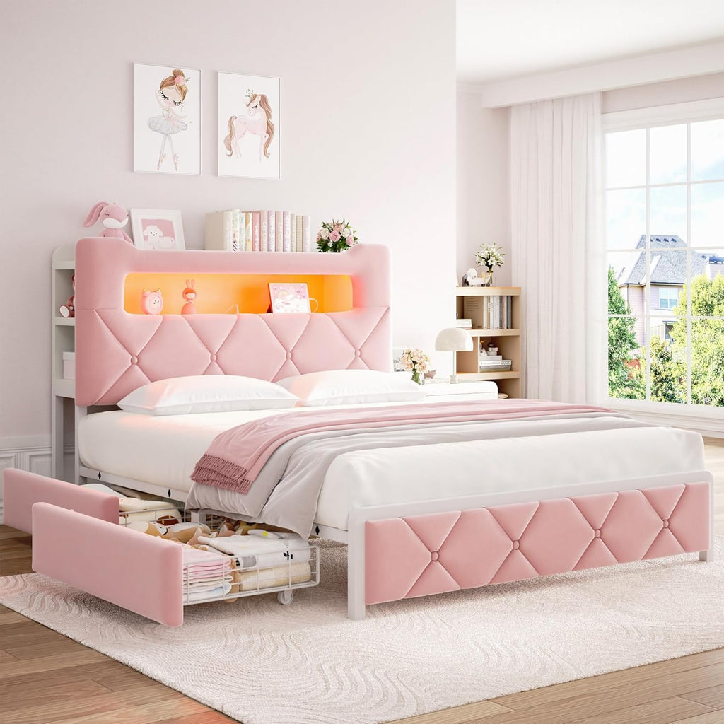 Full Upholstered LED Bed Frame with 2 Storage Drawers and 2-Tier Storage Headboard, Velvet Princess Platform Bed with Charging Station & Bookcase, Heavy Duty Metal Support, No Box Spring Needed, Pink