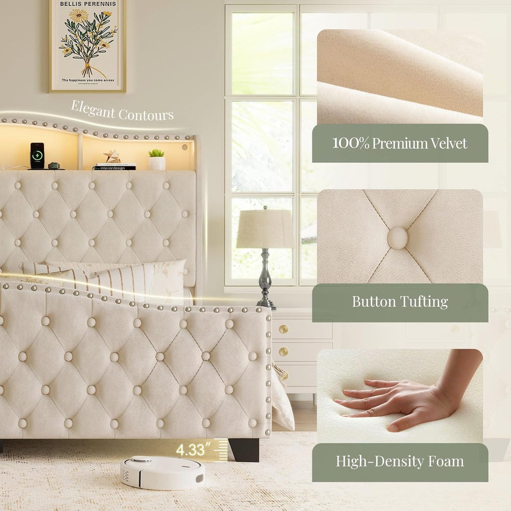 Belffin Queen Size Bed Frame and Headboard, 50.9" Velvet Upholstered Wingback Bedframe with LED Lights & Storage/Charging Station, Button Tufted Tall Footboard, No Box Spring Needed, Noise-Free, Beige