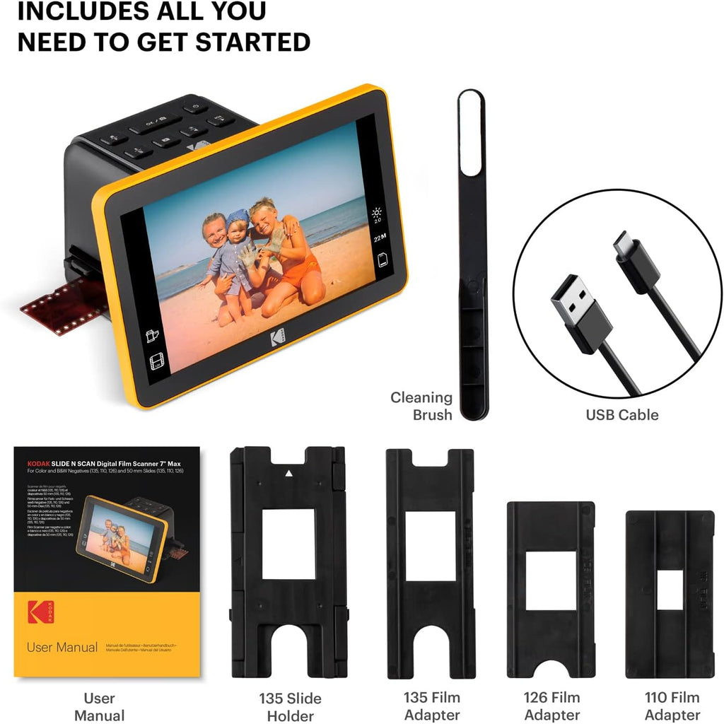 KODAK Slide N Scan Max Digital Film Scanner - Black/Yellow - Tiltable 7-Inch LCD with Gallery Mode & Photo Scanner Preview - Quick-Feed Tray for Slide Digitizer