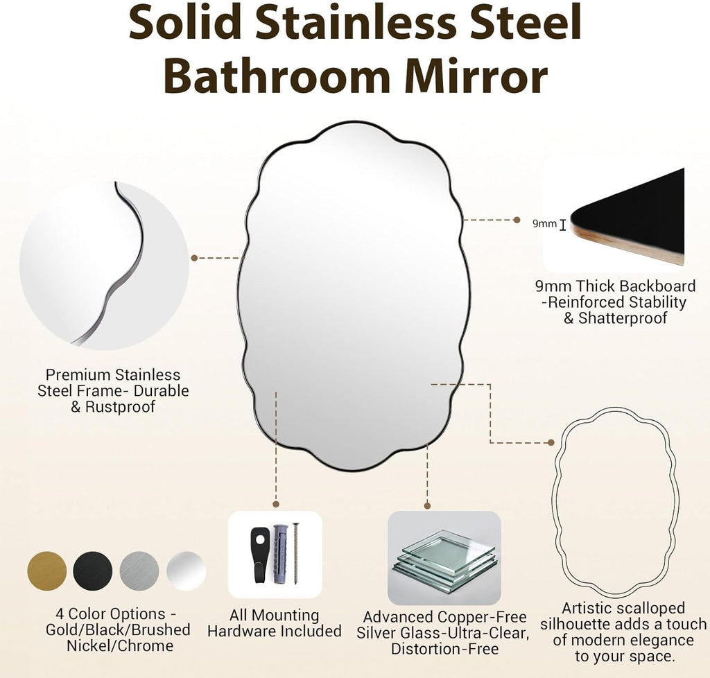 ANDY STAR Brushed Nickel Wavy Oval Bathroom Mirror, 24x36 Inch Silver Asymmetrical Wall Mirror, Unique Irregular Wall Mirror with Sophisticated Curved Design
