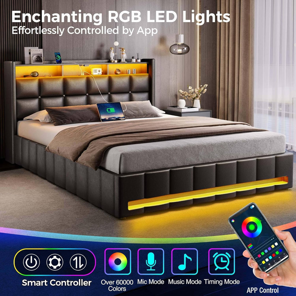 Rolanstar Full Lift Up Bed Frame with Storage, PU Leather Upholstered Headboard with Shelves, RGB LED Lights & Charging Station (USB-C), Wood Slats, Noise-Free, No Box Spring, Black