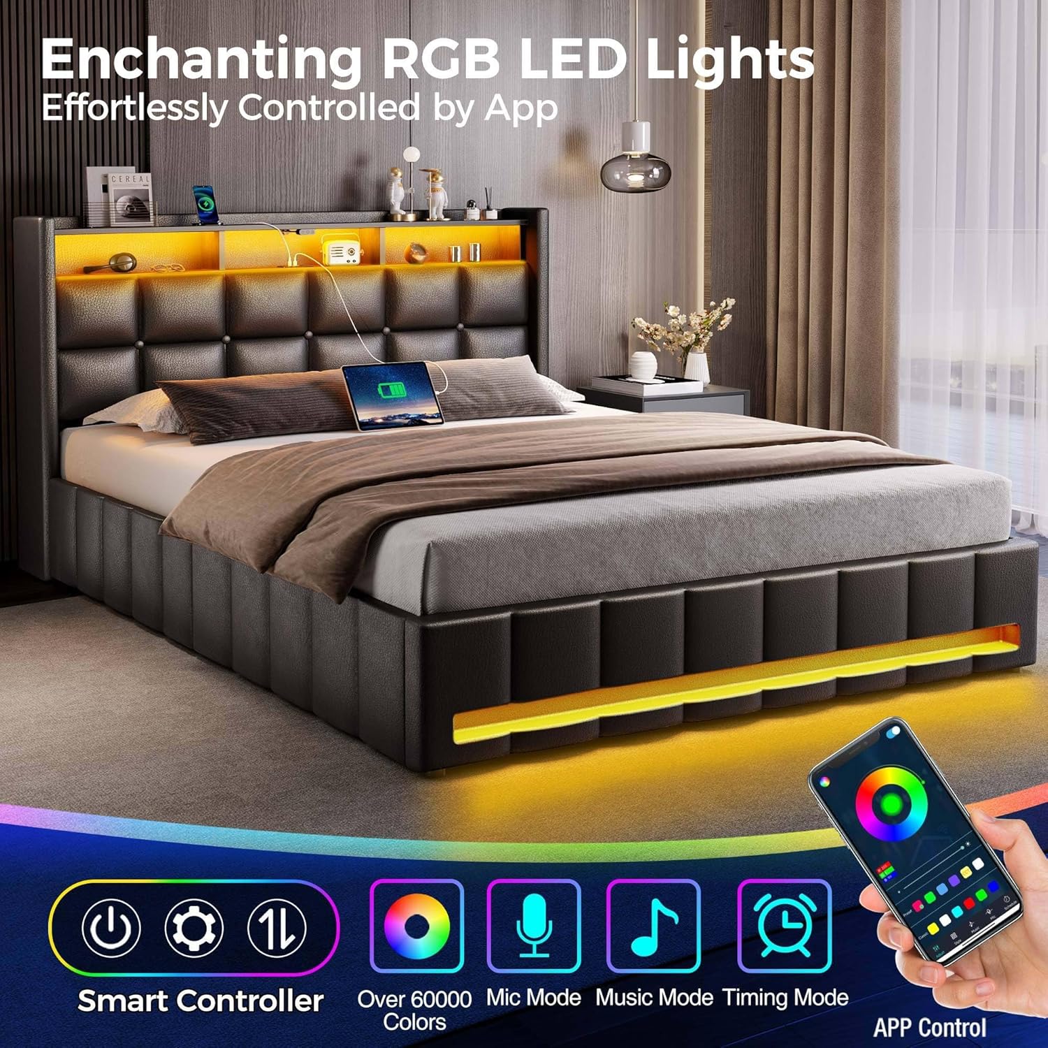 Rolanstar Full Lift Up Bed Frame with Storage, PU Leather Upholstered Headboard with Shelves, RGB LED Lights & Charging Station (USB-C), Wood Slats, Noise-Free, No Box Spring, Black