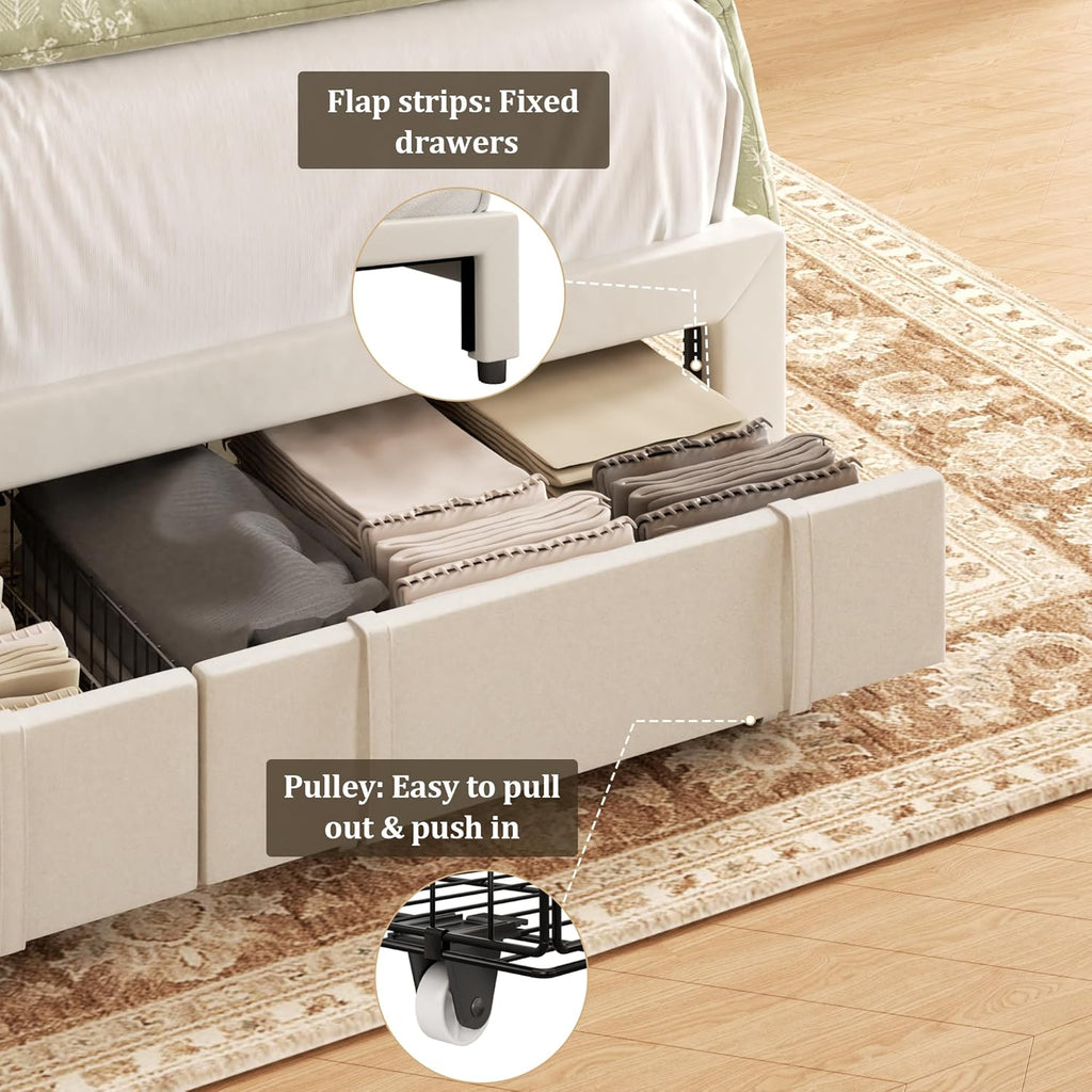 Queen Bed Frame with Storage Drawers, Upholstered Queen Size Platform Bed with 47" Tall Headboard and Wingboard, No Box Spring Needed, Noise Free, Easy Assembly, Wooden Support Slats, Beige