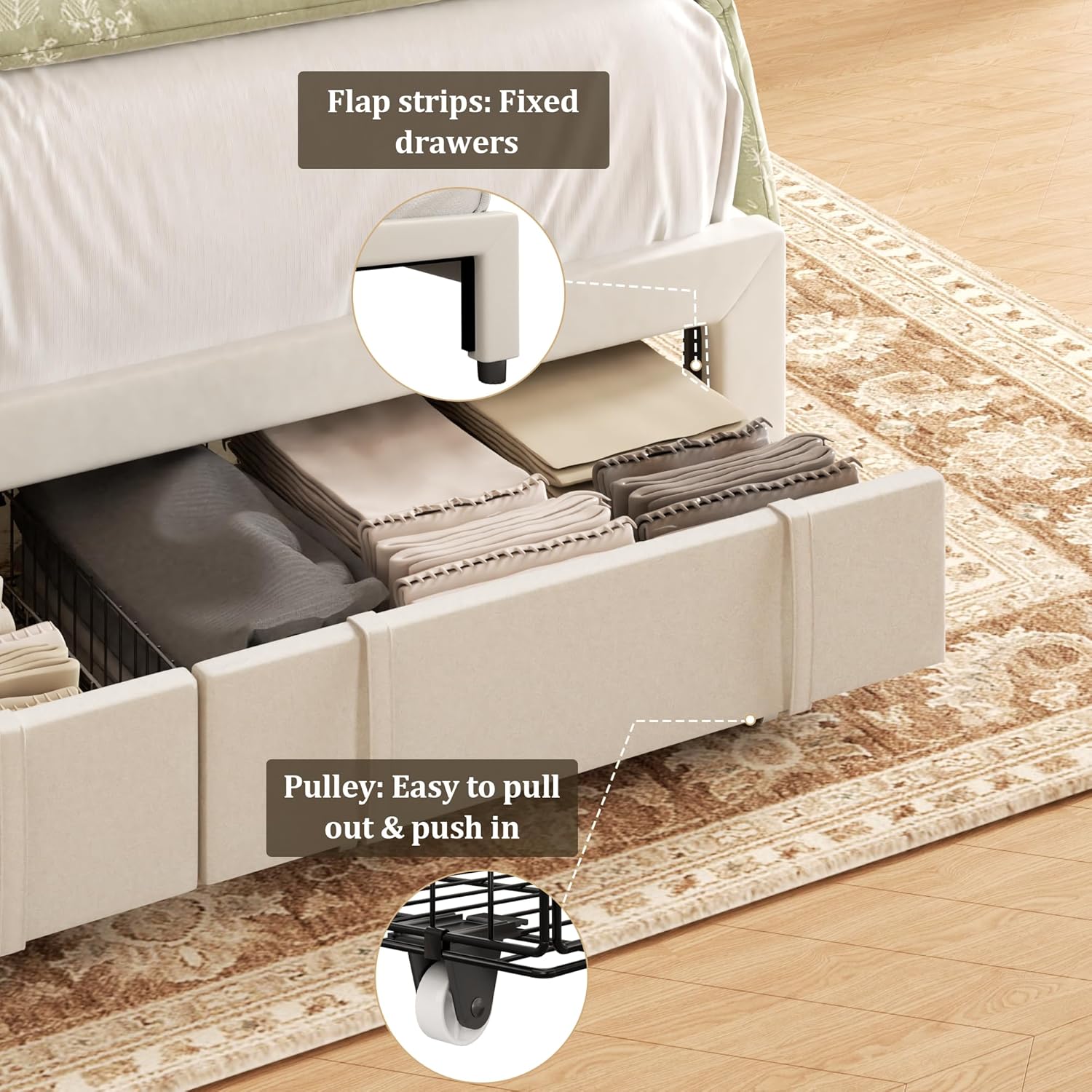 Queen Bed Frame with Storage Drawers, Upholstered Queen Size Platform Bed with 47" Tall Headboard and Wingboard, No Box Spring Needed, Noise Free, Easy Assembly, Wooden Support Slats, Beige