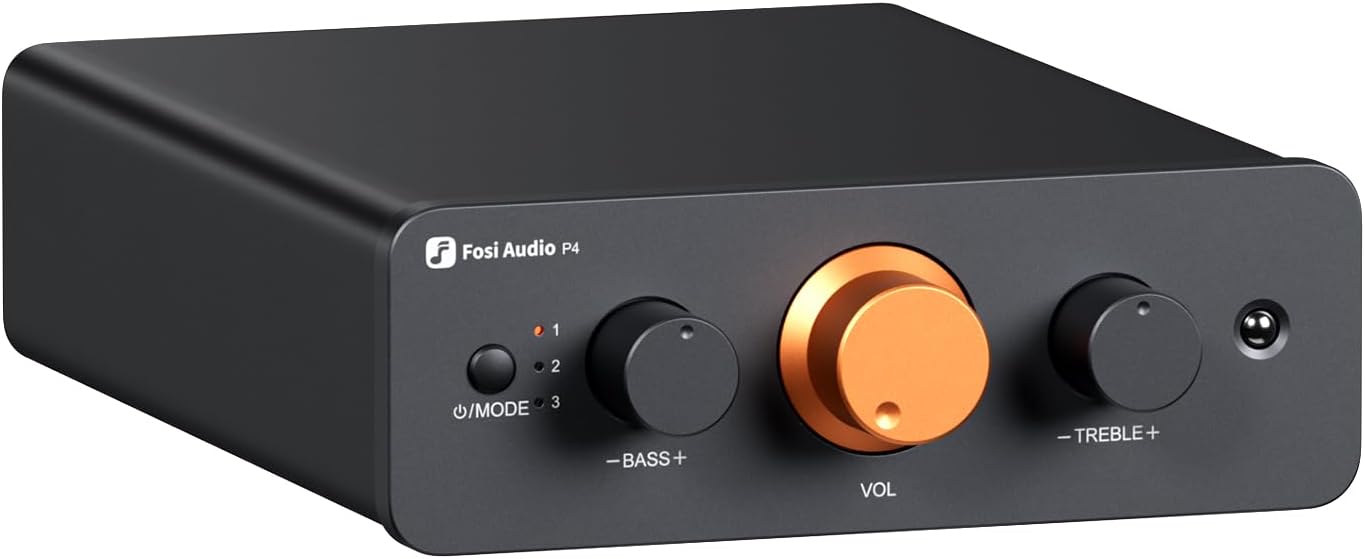 Fosi Audio P4 Mini Preamp with 3 RCA Inputs, Home Audio Stereo Pre amp for Amplifier/Active Subwoofer/Speakers, Preamplifier with 3-Level Adjustable Gain 3/6/9 dB, Bass and Treble Control