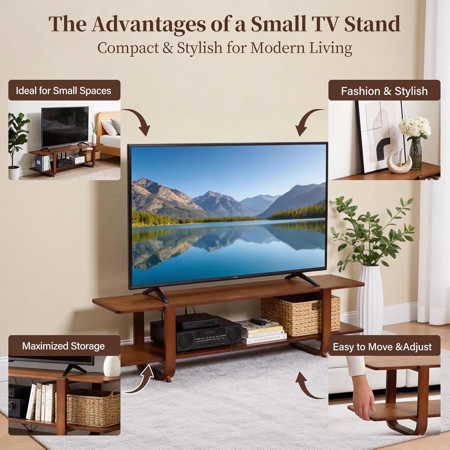 Tiita TV Stand with Storage for TVs up to 65'', Bamboo TV Console Entertainment Center with 2 Open Shelf, Mid Century Modern Media Console for Living Room, Bedroom, Walnut