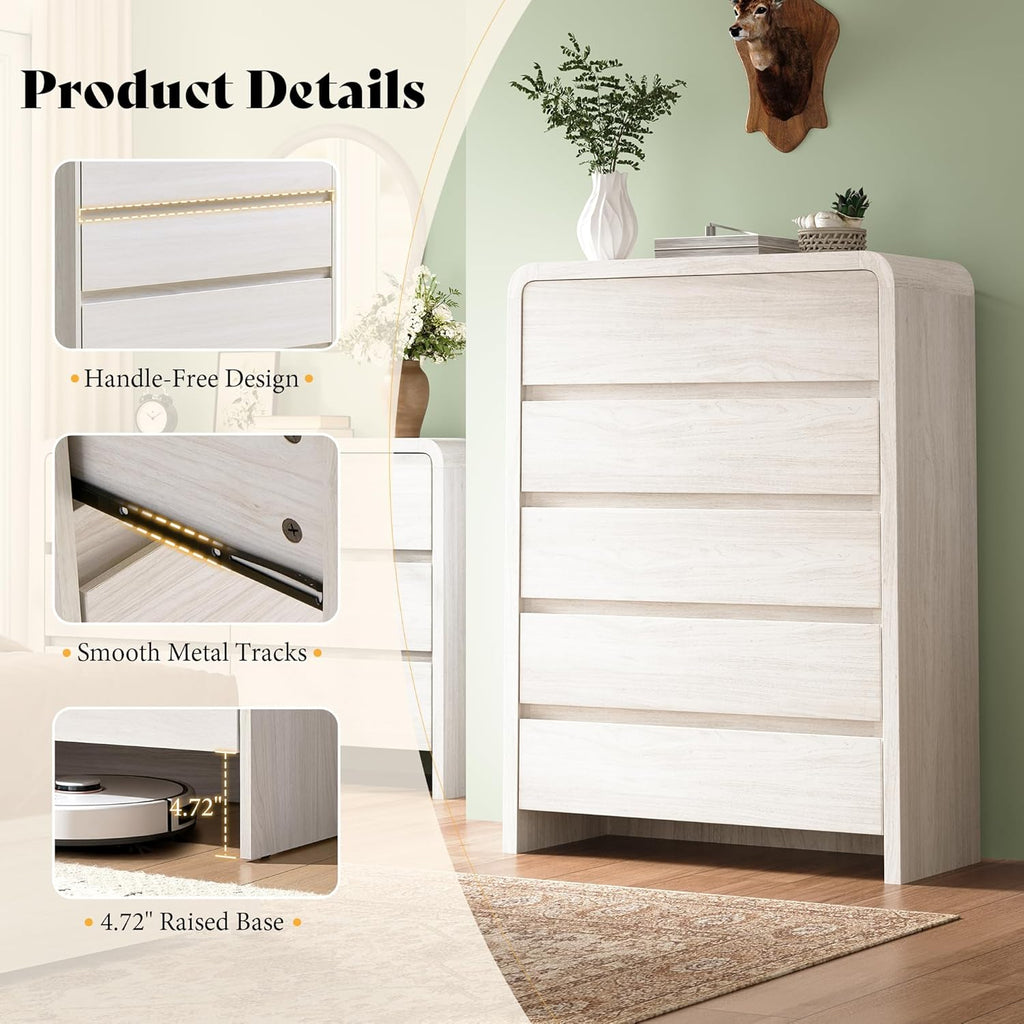 AMERLIFE Modern 3-Piece Bedroom Furniture Set with 5-Drawer Dresser and 2 Nightstands, Large Storage Capacity, Rounded Corners, Flexible Combination Design, White