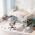 Giantex Low Loft Bed with Desk & Bookshelf, Twin Size Platform Bedframe w/Sturdy Metal Slats, Storage Bookcase & Rolling Desk, Kids Loft Bed for Boys Girls, No Box Spring Needed (White)