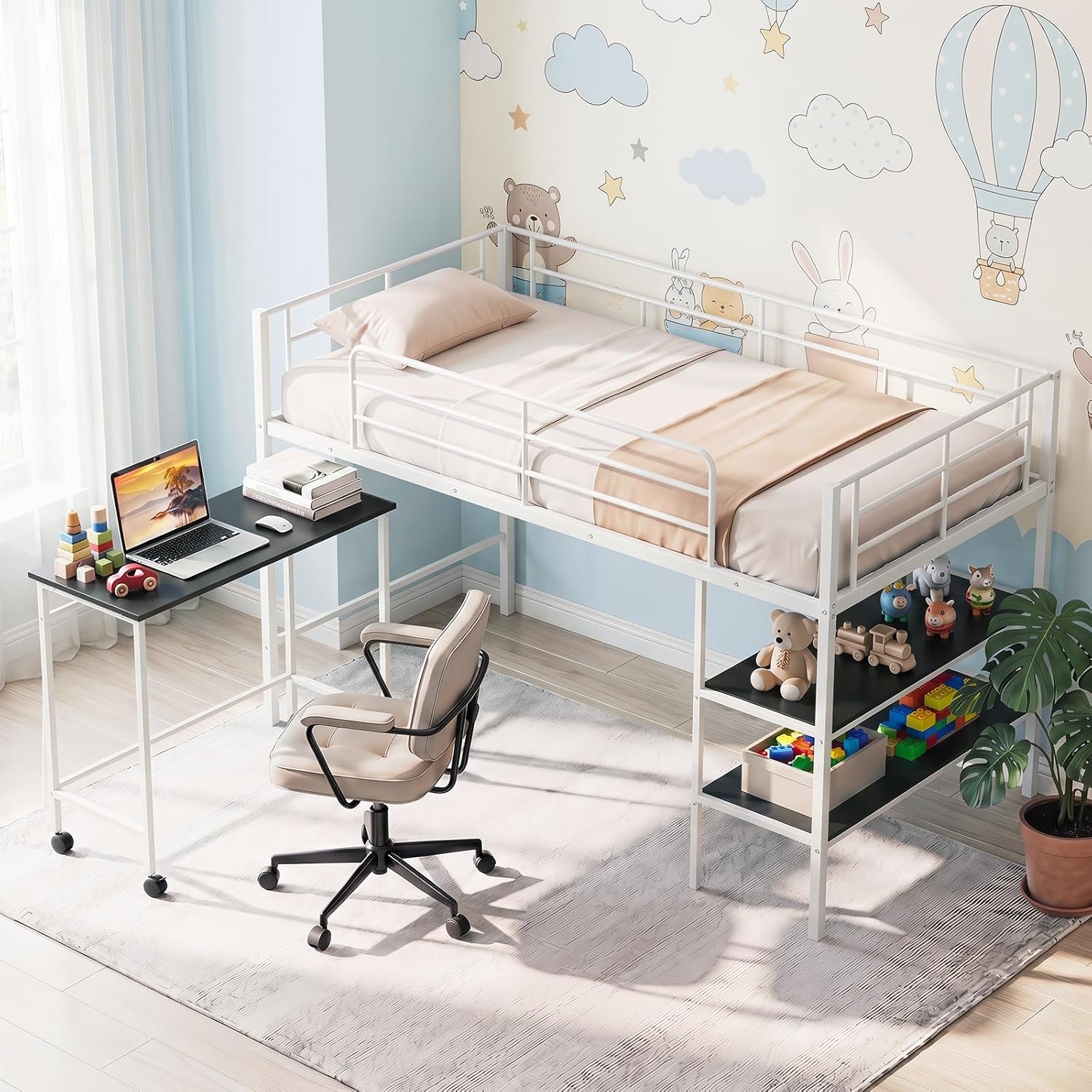 Giantex Low Loft Bed with Desk & Bookshelf, Twin Size Platform Bedframe w/Sturdy Metal Slats, Storage Bookcase & Rolling Desk, Kids Loft Bed for Boys Girls, No Box Spring Needed (White)