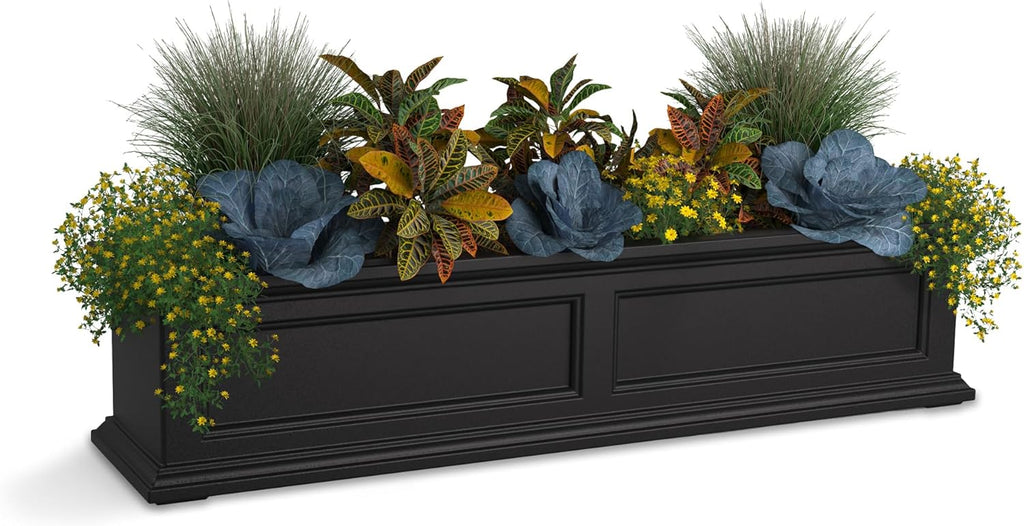 Mayne Fairfield 4ft Window Box, Self Watering Flower Box with Double Wall Design, All Season Fade Resistant Outdoor Window Planter With Steel Mounting Bracket, Black