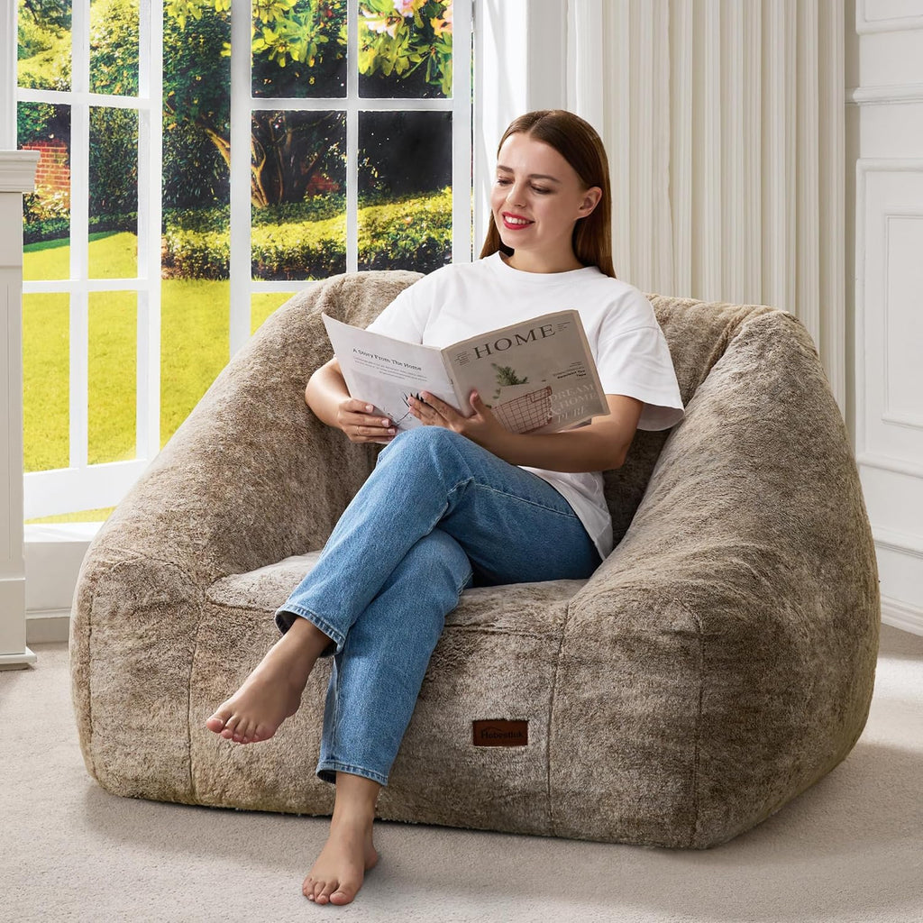 Hobestluk Giant Bean Bag Chair Memory Foam Filled Sofa Chair Bean Bag for Adults/Teens/Kids, Oversized Lazy Accent Comfy Stuffed BeanBag Sofa for Living Room Bedroom Dorm Reading(Brown)