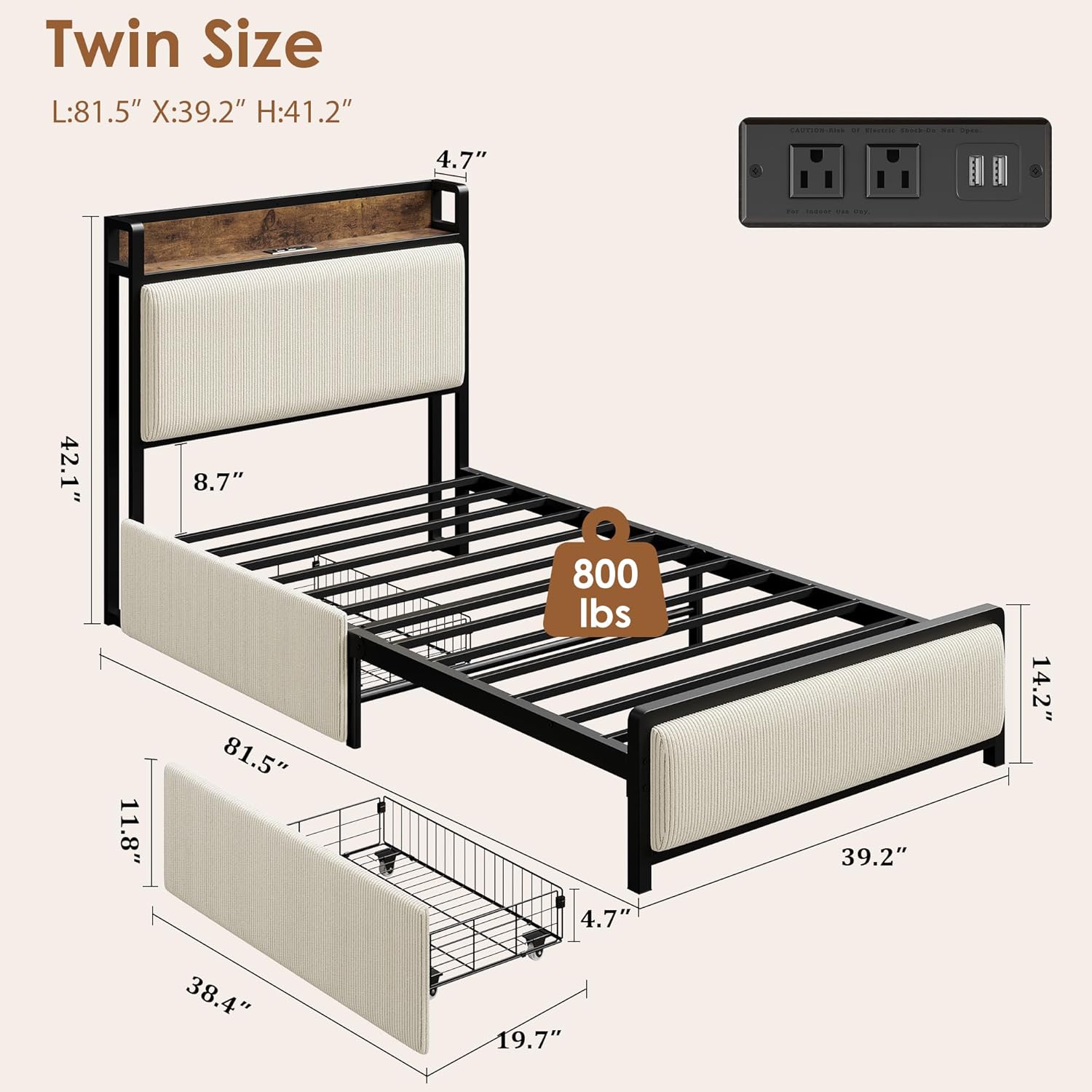 Twin Size Bed Frame with 2 Storage Drawers and Charging Station, Rustic Linen Upholstered Platform Bedframe with Storage Headboard, Heavy Duty, No Box Spring Needed, Easy Assembly, Noise Free, Beige