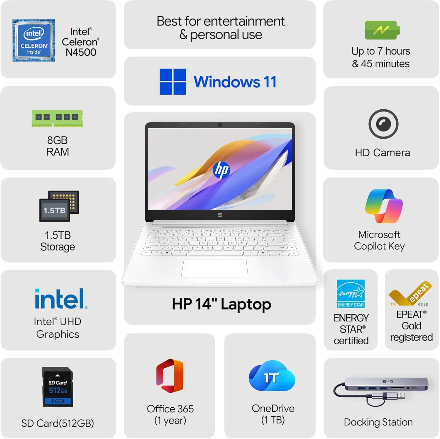 HP 14" Laptop · 576GB Storage · Microsoft 365 Included · 64GB + 512GB SD · 8GB RAM · HD Display · 12-Hour Battery · WiFi · Bluetooth · Windows 11 White