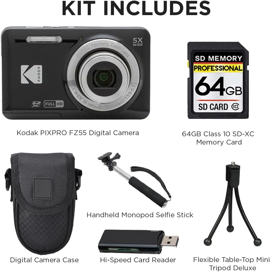 Kodak PIXPRO FZ55 Digital Camera, 16MP Compact Point & Shoot, 5X Optical Zoom, 28mm Wide Angle Lens, 1080P HD Video, Black + 64GB SD Card, Case, Selfie Stick, Mini Tripod & USB Card Reader