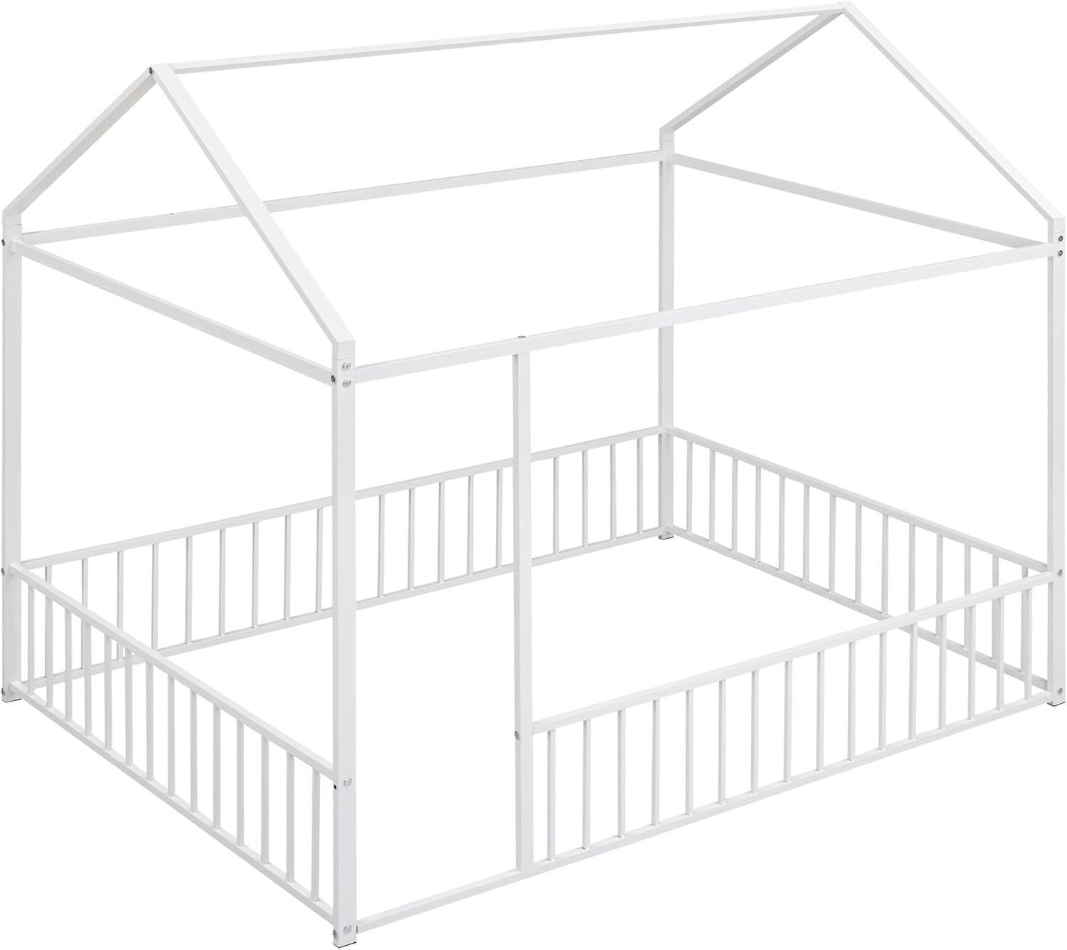 Bellemave Full Size House Floor Montessori Bedframe with Rails and roof, Metal House Bed for Kids, Montessori Floor Beds for Kids White