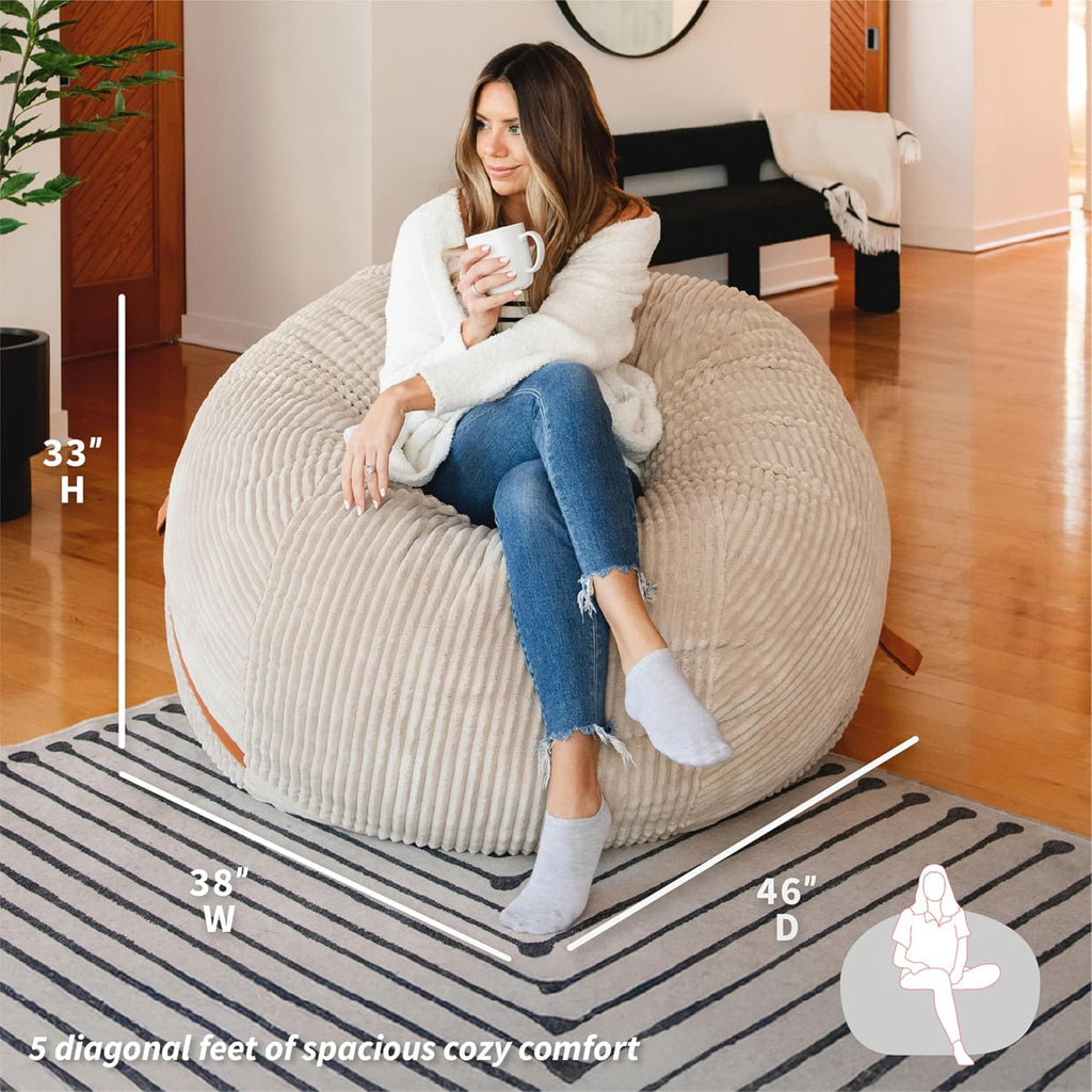 Big Joe Fuf 5Ft Oversized Foam Bean Bag Chair with Removable Cover for Kids, Teens, Adults, Vanilla Latte, Corded Plush, 5 Foot Large Reading and Gaming Seat