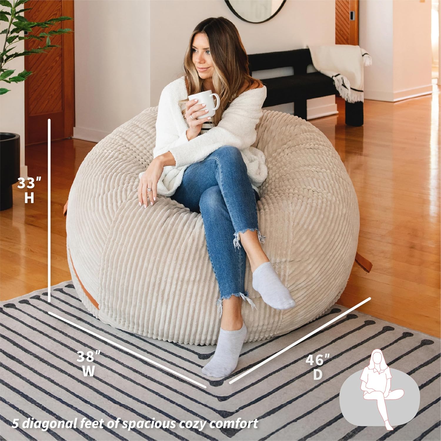 Big Joe Fuf 5Ft Oversized Foam Bean Bag Chair with Removable Cover for Kids, Teens, Adults, Vanilla Latte, Corded Plush, 5 Foot Large Reading and Gaming Seat