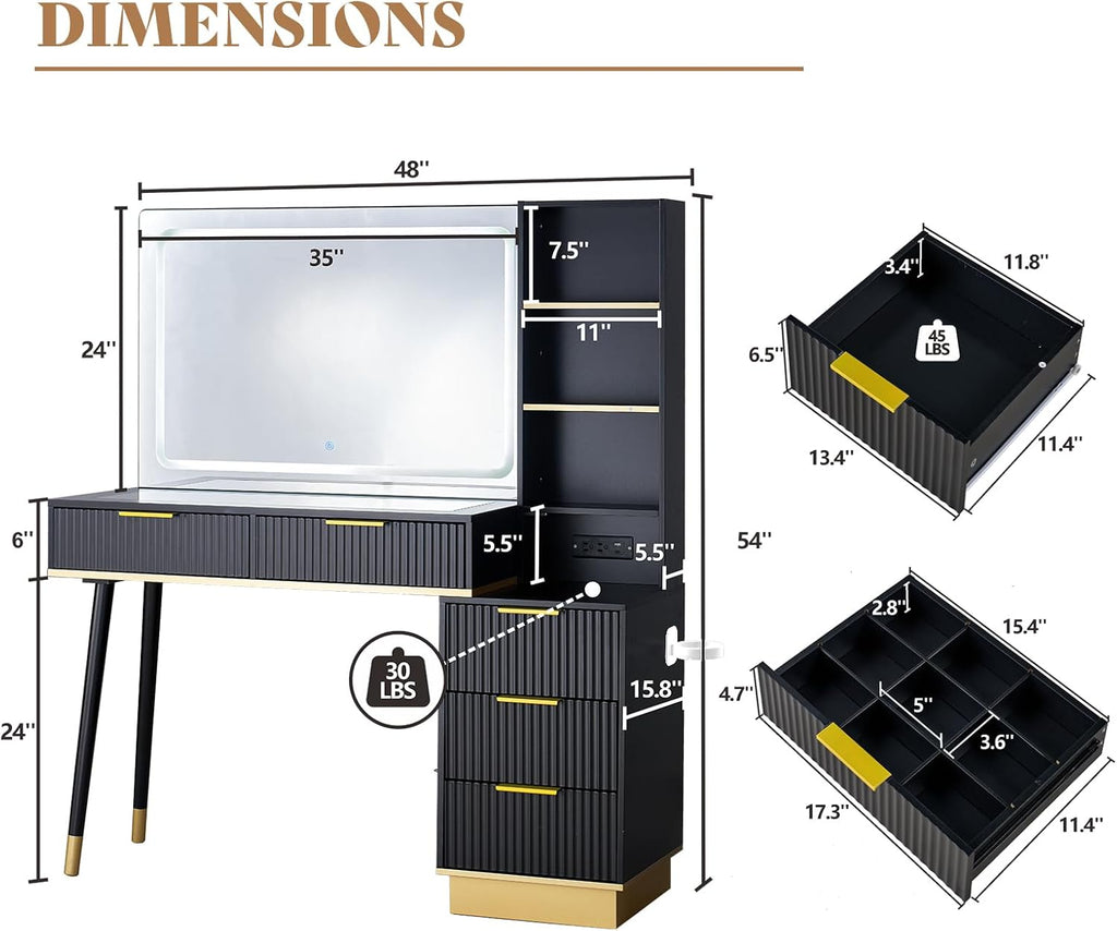AMERLIFE 48" Fluted Vanity Desk with Mirror and Adjustable LED Lights, Large 5 Drawers Makeup Table with Glass Top and Charging Station for Women and Girls, Bedroom or Dorm, Black