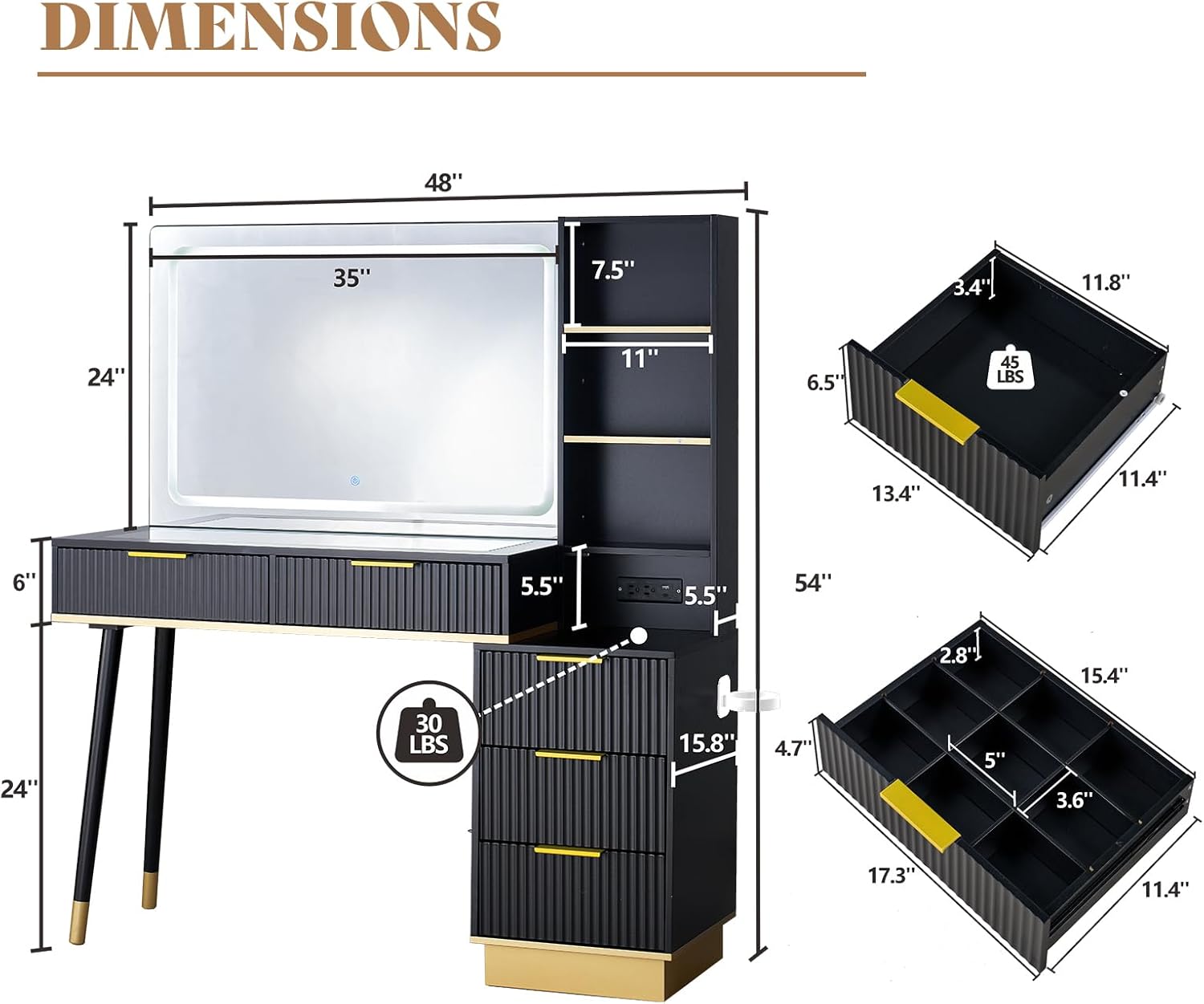 AMERLIFE 48" Fluted Vanity Desk with Mirror and Adjustable LED Lights, Large 5 Drawers Makeup Table with Glass Top and Charging Station for Women and Girls, Bedroom or Dorm, Black