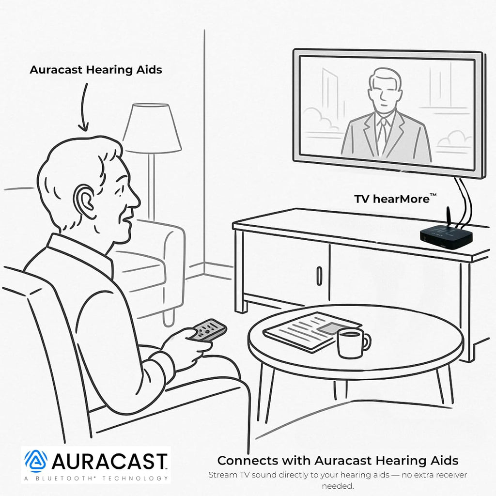 TV hearMore Auracast Audio Transmitter – Auracast & Bluetooth Classic Dual Mode, HDMI/Optical/AUX/MIC Inputs, Low-Latency Wireless Broadcast for TV, Classrooms & Public Venues