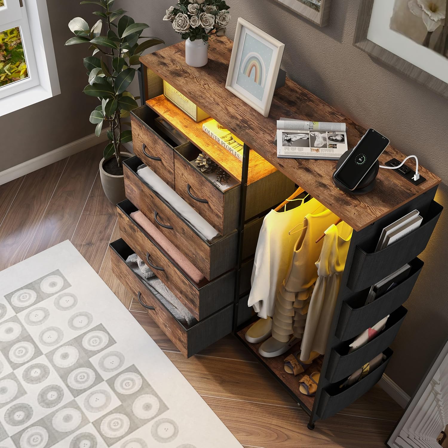 Espelism Dresser for Bedroom with Clothes Rack Side Pockets 5 Drawer Dresser with Charging Station LED Lights Black Storage Chest of Drawers for Hallway Closet Sturdy Steel Frame Wood Top (Brown)