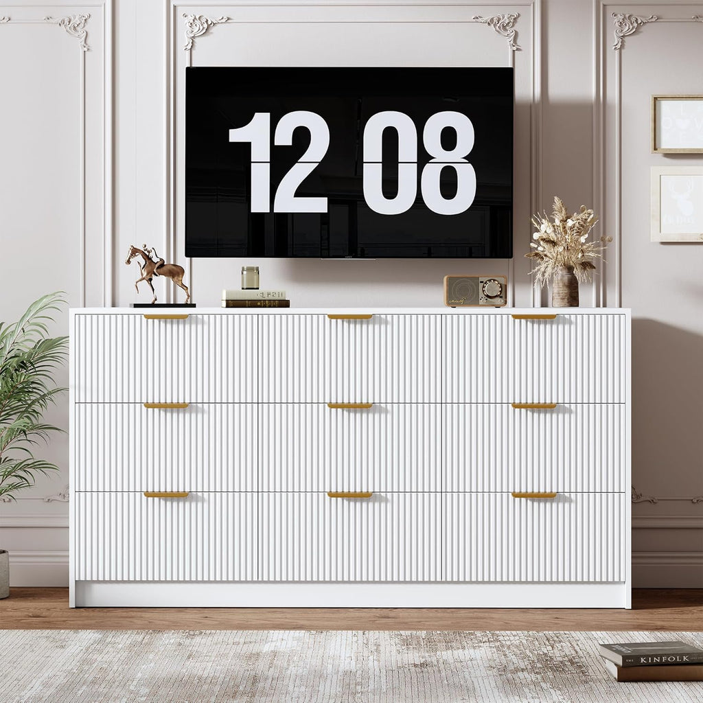Garvee 9 Drawers Dresser for Bedroom - 59" Wide Modern Fluted Chest of Drawers with Golden Metal Handles, Large TV Stand Multi-Function Home Organizer for Living Room, Entryway, Hallway, White