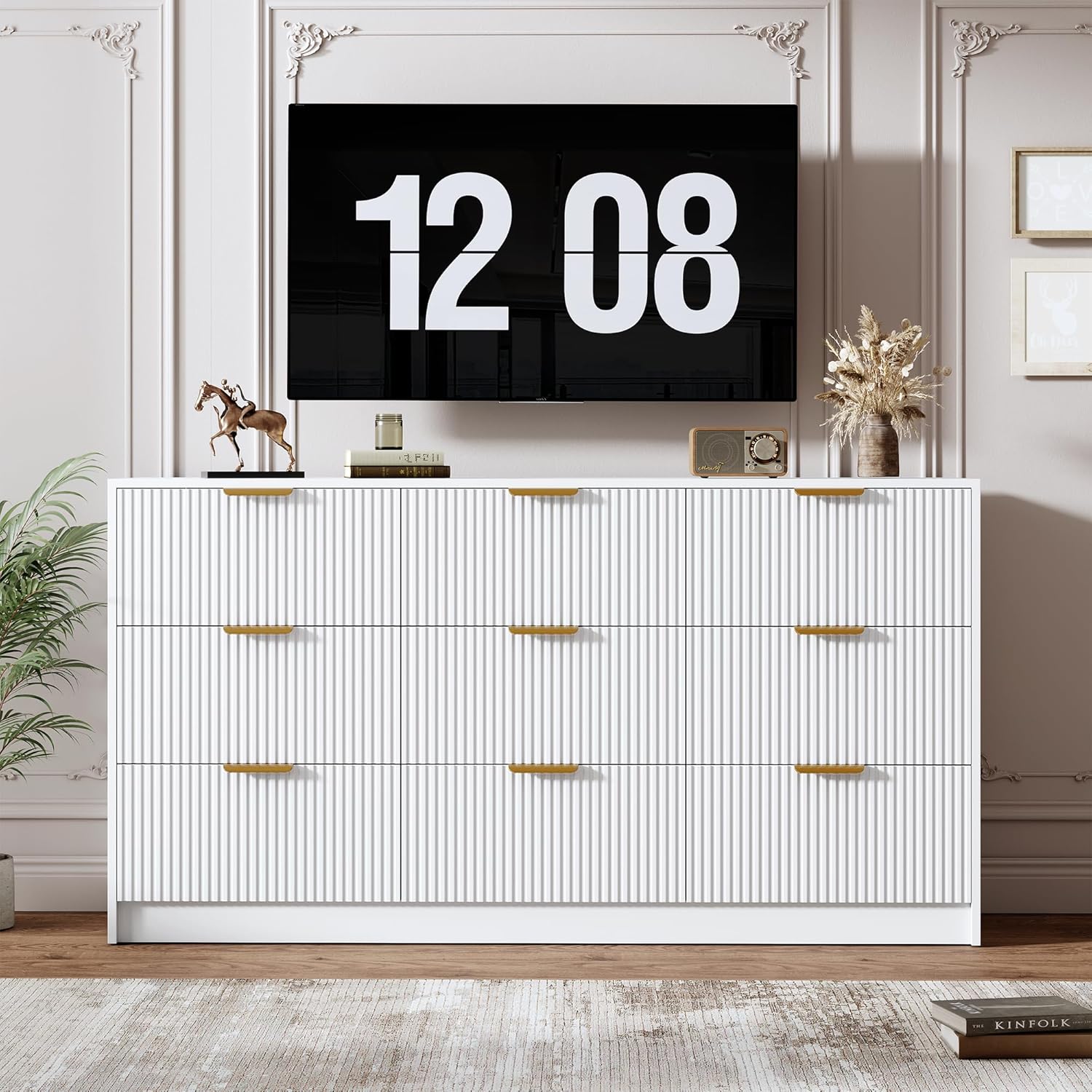 Garvee 9 Drawers Dresser for Bedroom - 59" Wide Modern Fluted Chest of Drawers with Golden Metal Handles, Large TV Stand Multi-Function Home Organizer for Living Room, Entryway, Hallway, White
