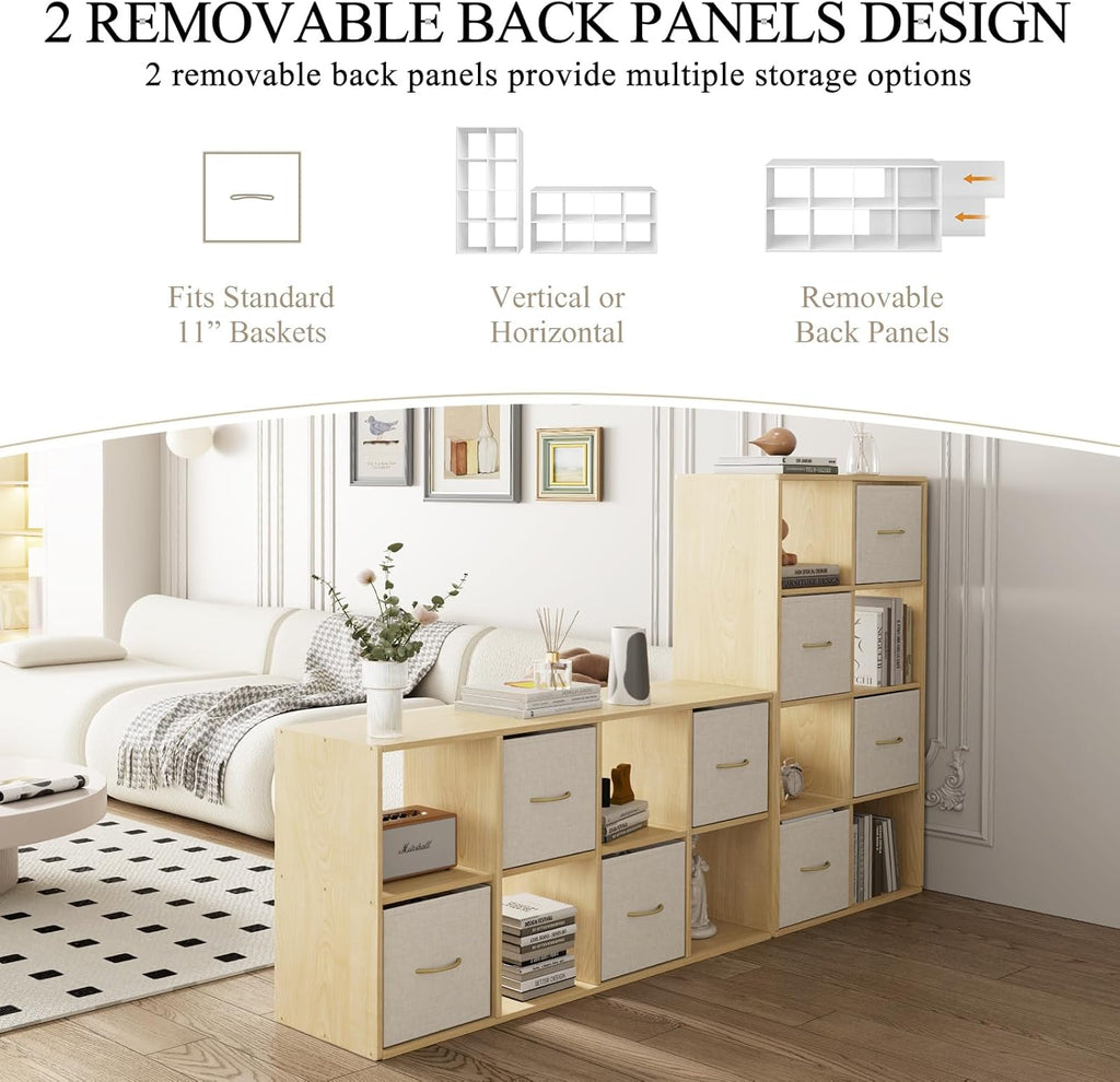 EXPERLAM 8 Cube Storage Organizer - Solid Wood Bookshelf with 4 Storage Bins, Cube Shelf with 2 Removable Back Panels, Vertical or Horizontal Bookcase, Open Book Shelf for Bedroom, Living Room, Office