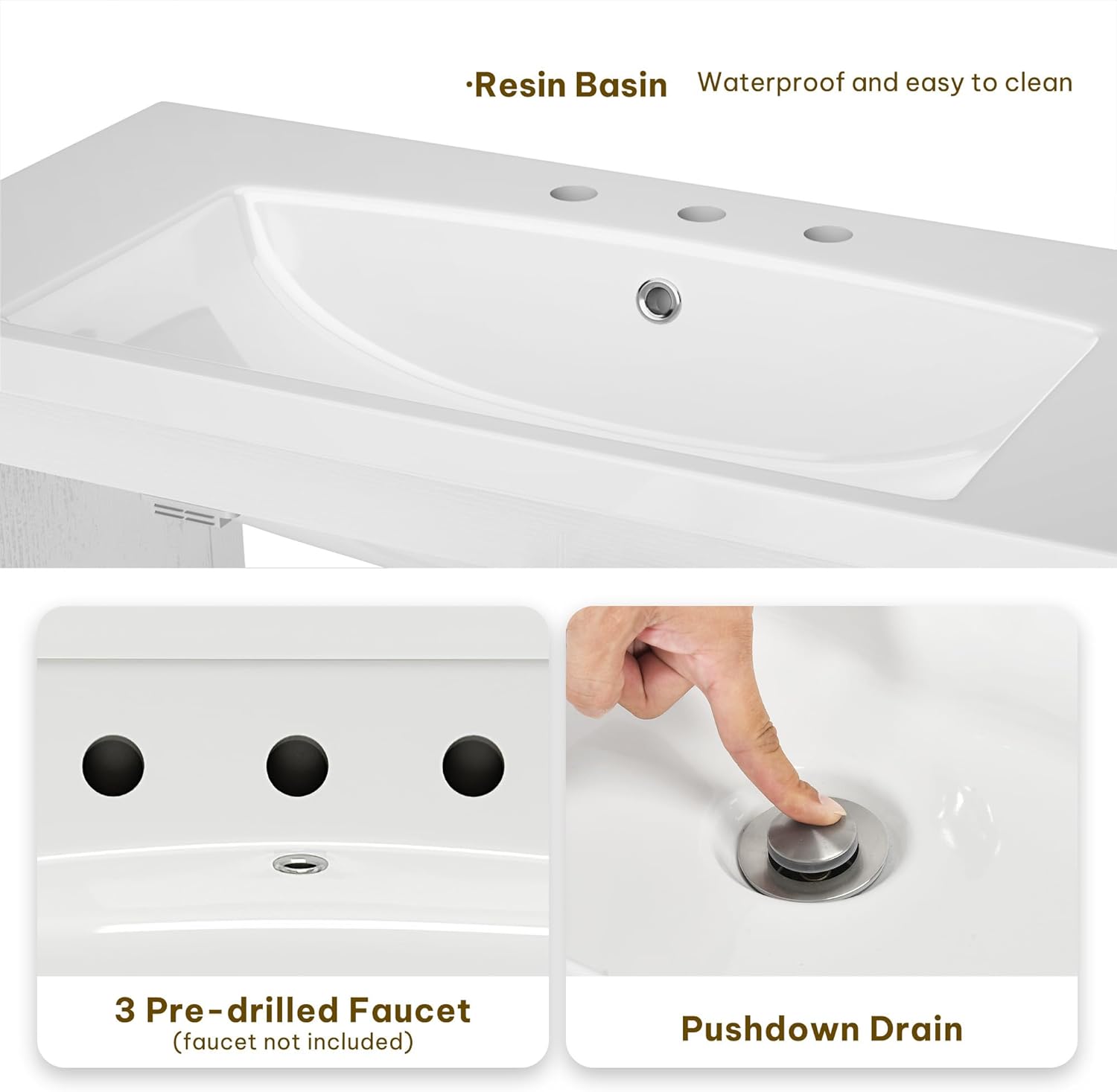 DWVO 36 Inch Bathroom Vanity with Sink, Modern Bathroom Storage Cabinet with Resin Basin, Three Holes, 2 Doors & 3 Drawers