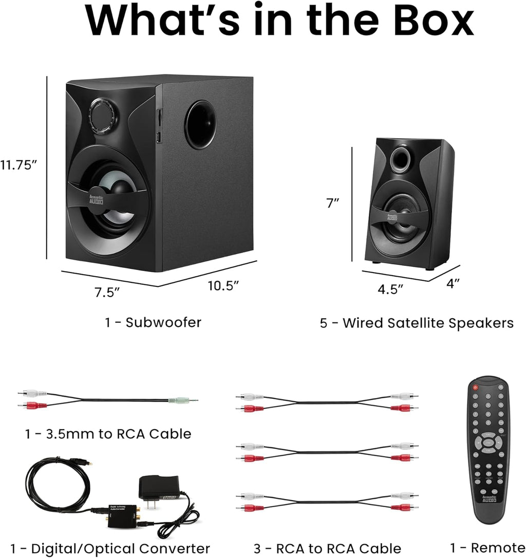 Goldwood Bluetooth 5.1 Surround Sound Home Theater Speaker System with LED Display, FM Tuner, USB/SD Inputs - 6-Piece Set with Remote Control, Black