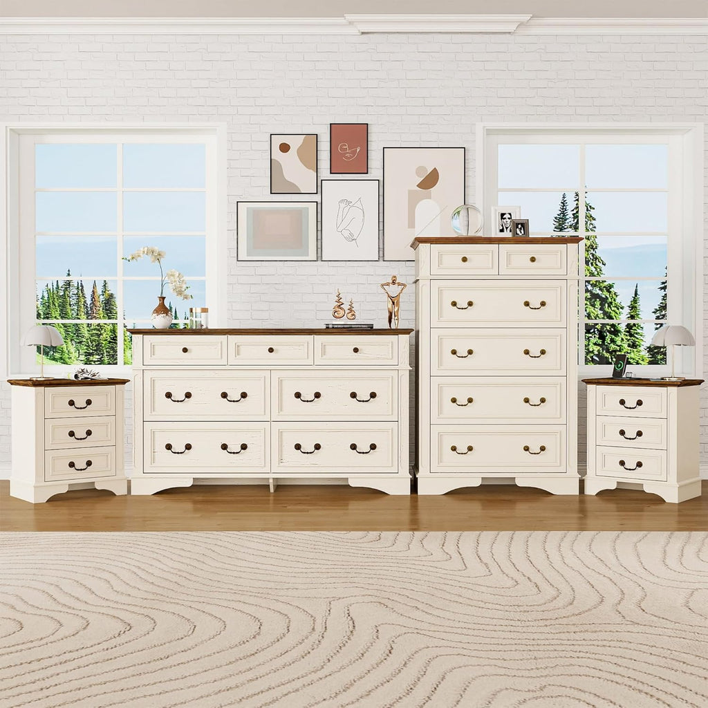 Farmhouse Dresser and Nightstand Sets, 6-Drawer with 7 Drawer Dresser & 3 Drawer Nightstand Sets, 4 Pieces Rustic Wood Bedroom Furniture Set for Home, Bedroom, Hallway(White)