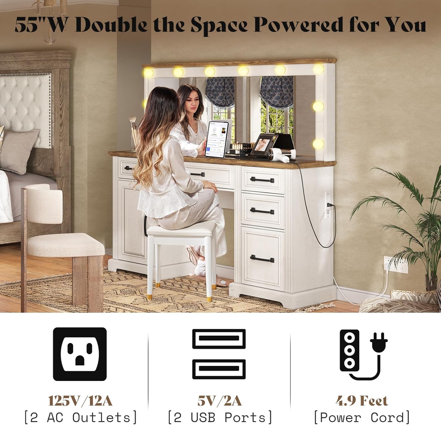 AMERLIFE 55" W Makeup Vanity with Hollywood Mirror, Glass Top Vanity with 5 Drawers & Charging Station, 10 Detachable Light Bulbs, Adjustable Brightness, Antique White