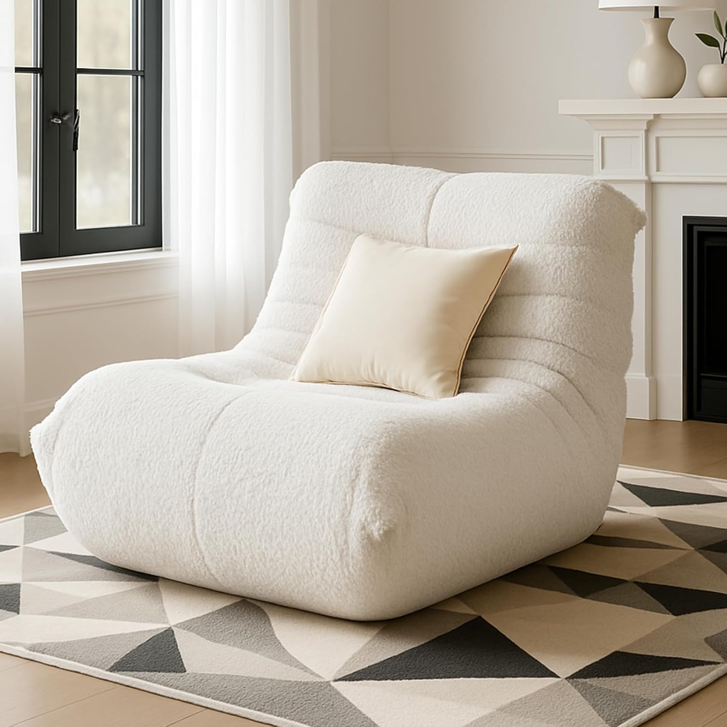 Bean Bag Chairs for Adults, Lazy Sofa Chair with Memory Foam Teddy Velvet Fabric, Large Beanbag Sofa Chair for Bedroom Living Room Dorm Office (White)
