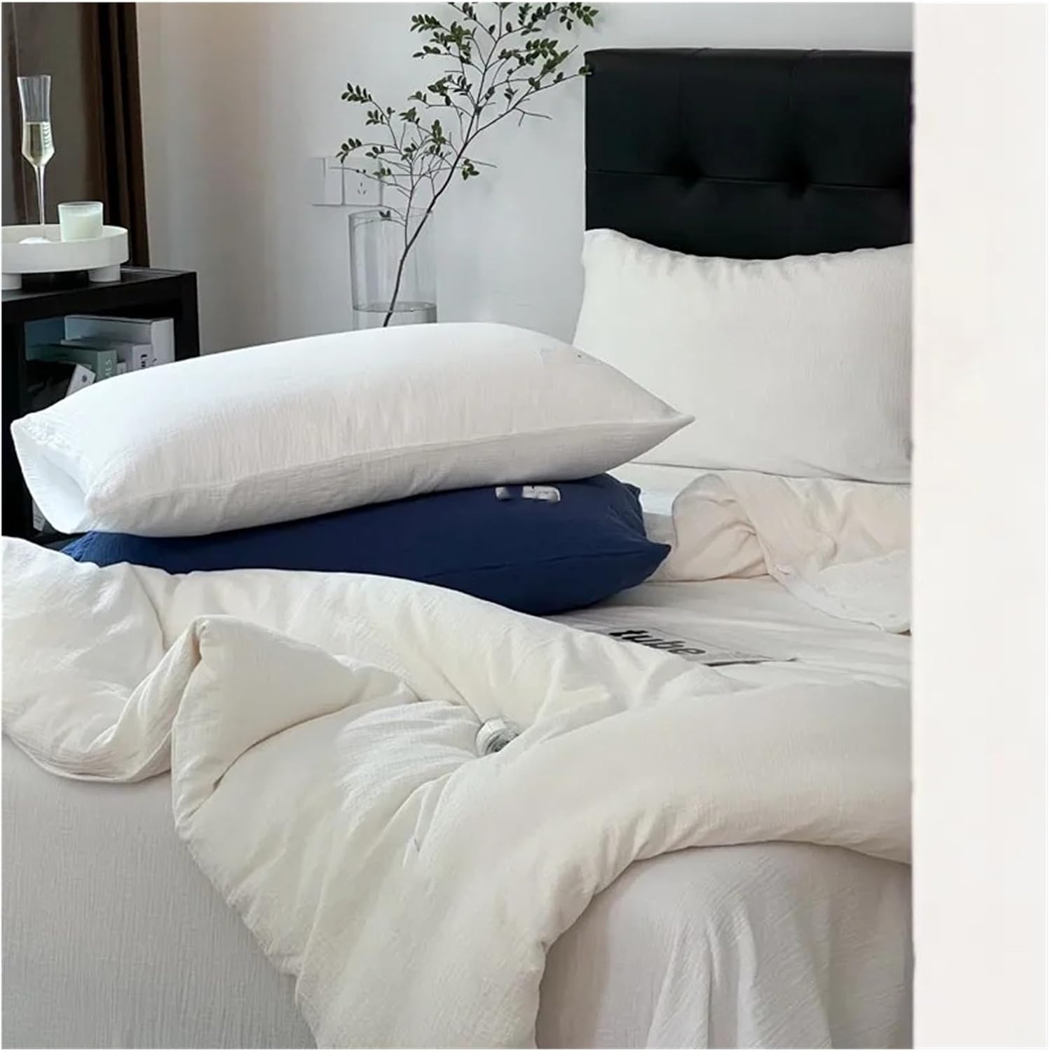 Bed, Natural 100% Cotton Linen Feel Soft Comfortable 4Pcs Bedding Set Solid Twin Queen Duvet Cover Flat/Fitted Sheet Pillowcases