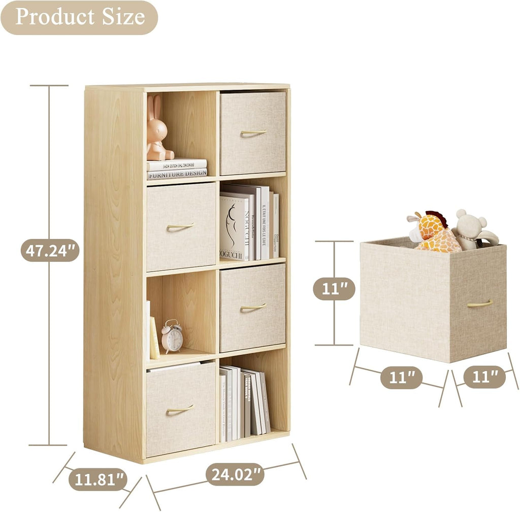 EXPERLAM 8 Cube Storage Organizer - Solid Wood Bookshelf with 4 Storage Bins, Cube Shelf with 2 Removable Back Panels, Vertical or Horizontal Bookcase, Open Book Shelf for Bedroom, Living Room, Office