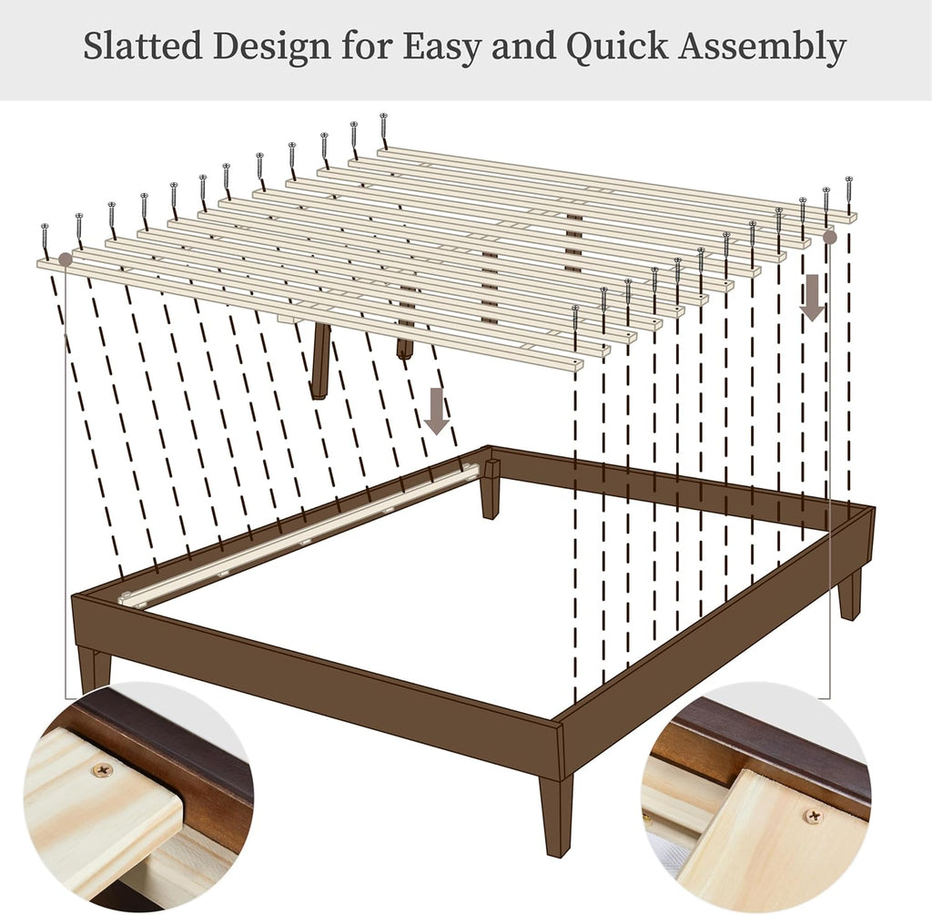 Yaheetech Full Bed Frame Natural Solid Wood Platform Bed with Wooden Slats Support, 12-inch Underbed Space for Storage, Noise-Free Design, Easy Assembly, Dark Walnut Finish