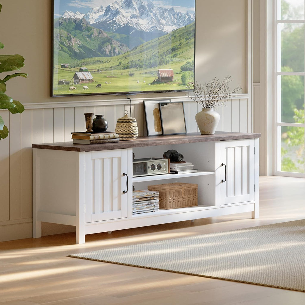 ChooChoo 54" Farmhouse TV Stand for TVs up to 65 inches, Entertainment Center with Storage Cabinets, Open Shelves and Fluted Door, TV Console Table for Living Room, Bedroom, White