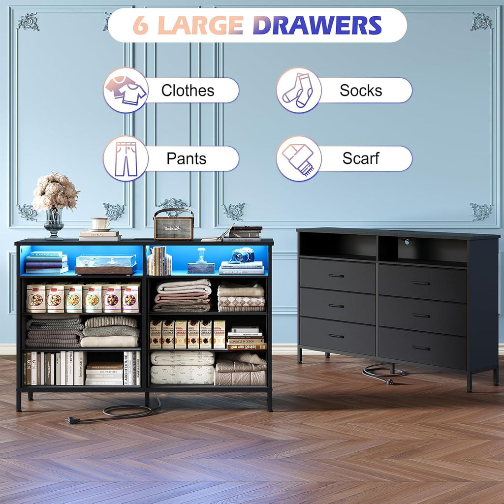 Black Dresser for Bedroom, 6 Drawer Dresser, Fabric Vertical Storage Tower with Fabric Bins with Open Shelves LED Light and Charging Station, Chest of Drawers for Closet Chests Organizer, Living Room
