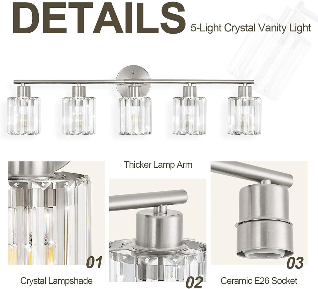 Crystal Bathroom Light Fixtures,Bathroom Lighting Fixtures Over Mirror, Modern 5-Light Brushed Nickel Vanity Lights for Mirror, Restroom,Kitchen(Ceramic E26 Socket,Bulbs Not Include)
