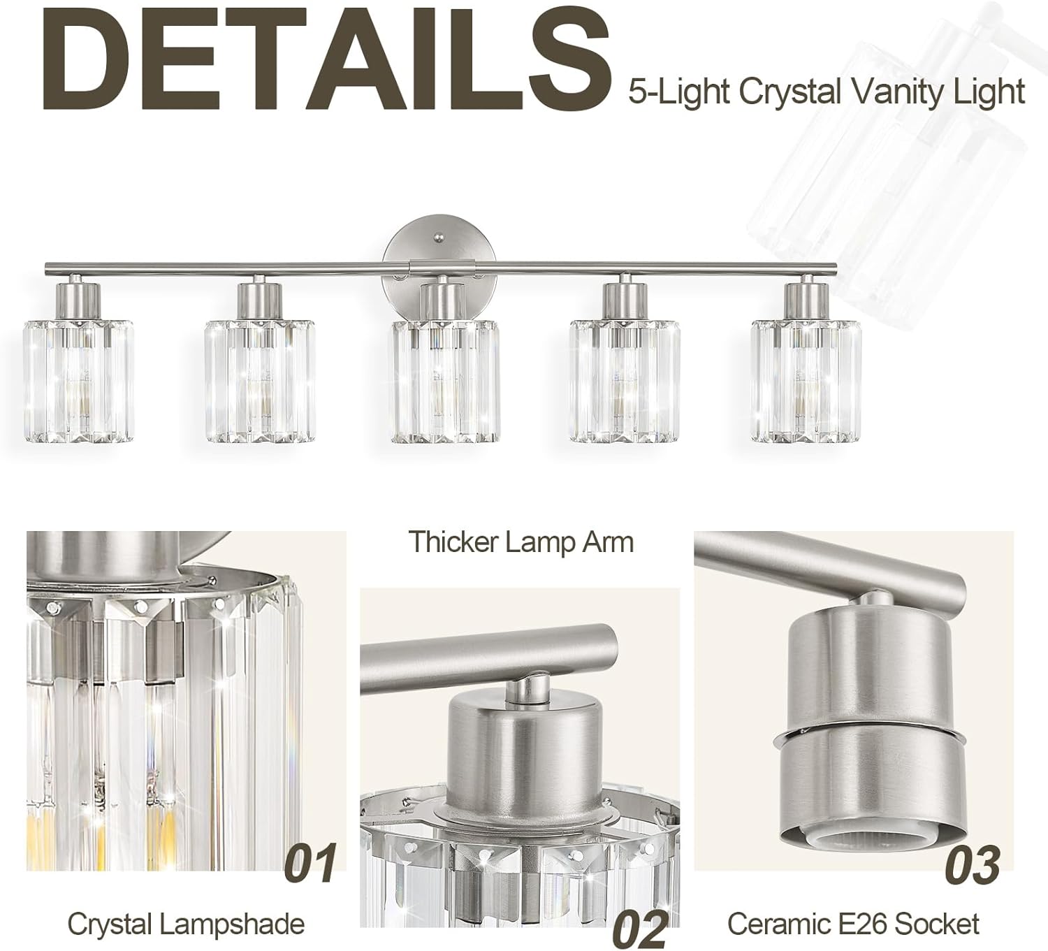 Crystal Bathroom Light Fixtures,Bathroom Lighting Fixtures Over Mirror, Modern 5-Light Brushed Nickel Vanity Lights for Mirror, Restroom,Kitchen(Ceramic E26 Socket,Bulbs Not Include)