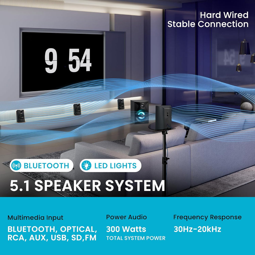 Goldwood Bluetooth 5.1 Surround Sound Home Theater Speaker System with LED Display, FM Tuner, USB/SD Inputs - 6-Piece Set with Remote Control, Black