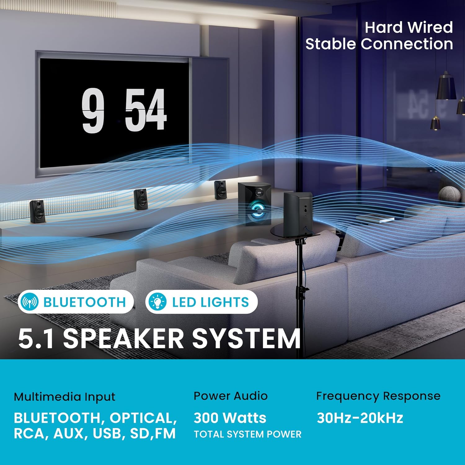 Goldwood Bluetooth 5.1 Surround Sound Home Theater Speaker System with LED Display, FM Tuner, USB/SD Inputs - 6-Piece Set with Remote Control, Black