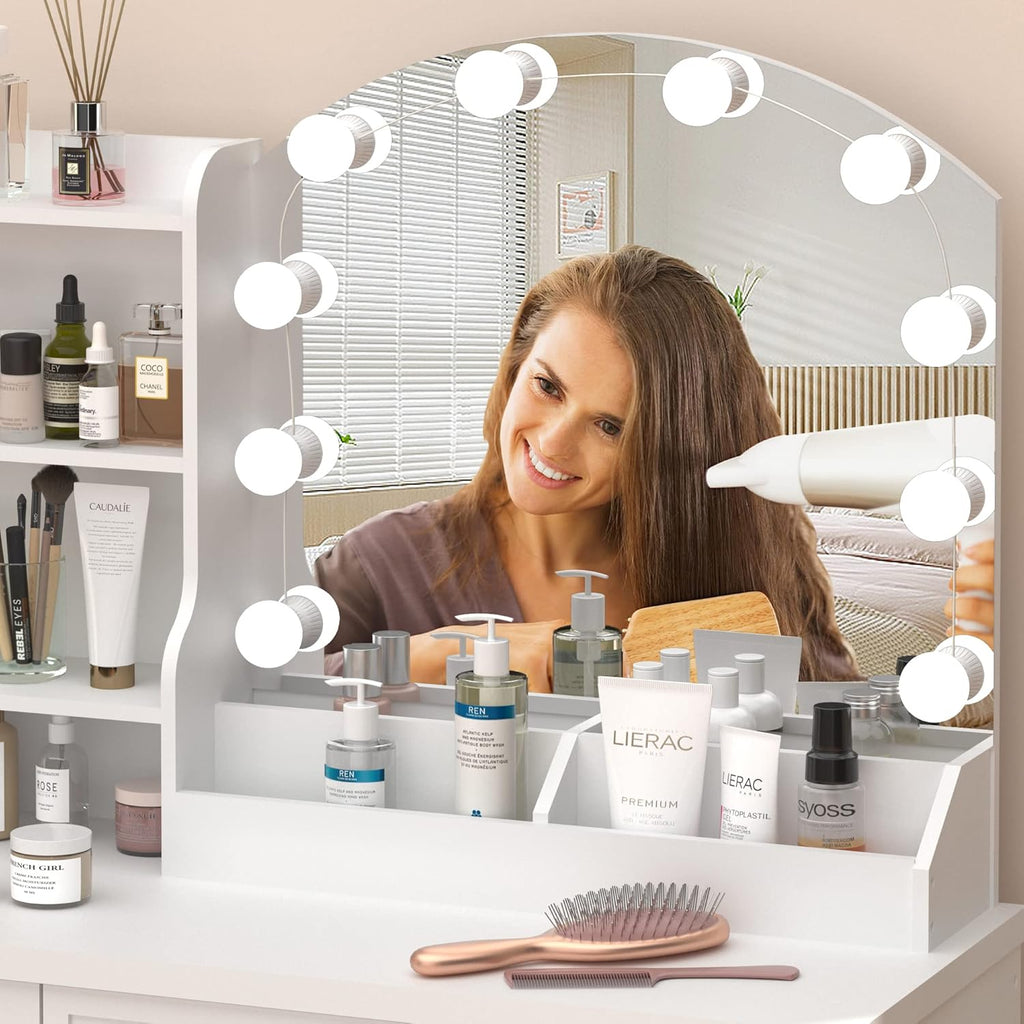 Vabches Makeup Vanity Desk with Mirror and Lights & Power Outl,White Dressing Table 3 Lighting Colors, 4 Drawers, Makeup Vanity Set for Bedroom