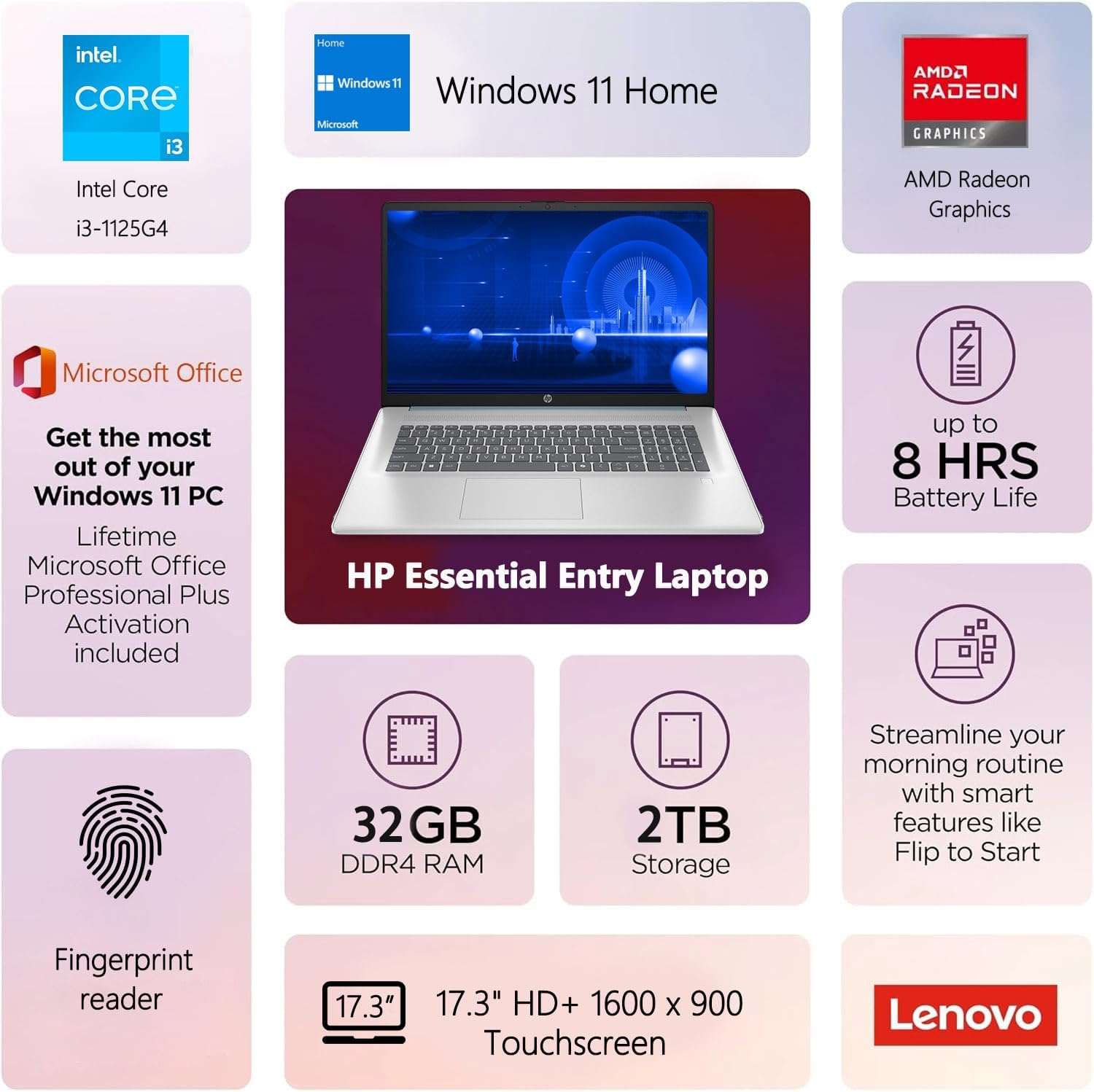 HP 17 Laptop, 17.3” HD+ Display, 11th Gen Intel Core i3-1125G4 Processor, 16GB RAM, 512GB SSD, Wi-Fi, HDMI, Webcam, Windows 11 Home, Silver