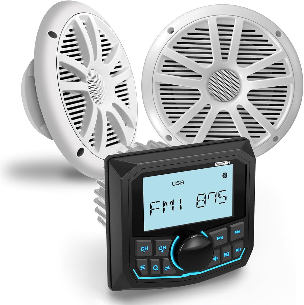 Marine Stereo 6.5-Inch Speakers Package: Waterproof Bluetooth Boat Gauge Radio Receiver - LCD Display AUX USB MP3 Subwoofer AM FM for ATV UTV RZR Golf Cart