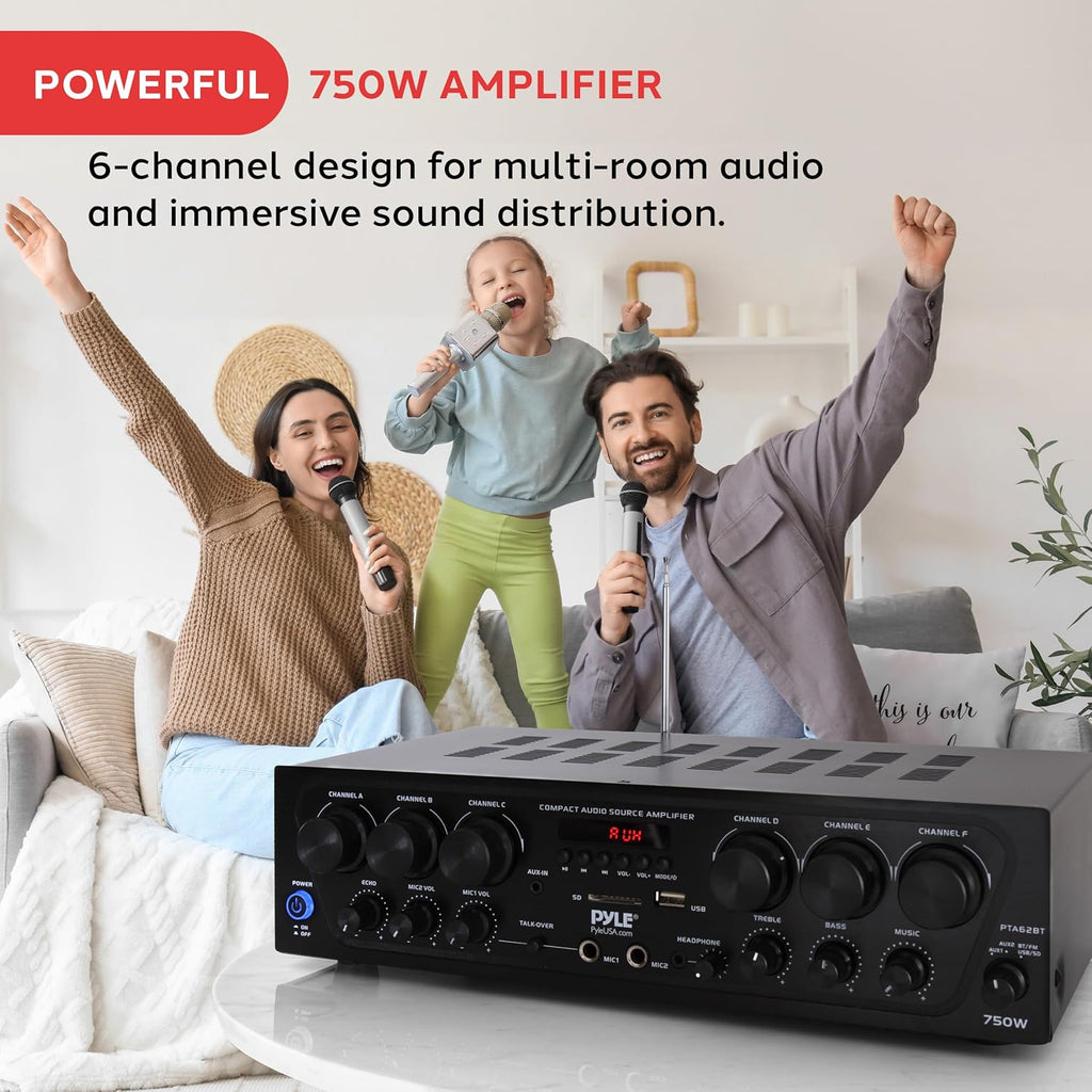 Pyle Bluetooth Wireless Home Amplifier System - Upgraded 6 Channel Audio, 750 Watt Power, Easy Karaoke, Stereo Receiver w USB-A, Micro SD, Headphone, 2 Microphone Input w/Echo, Talkover for PA