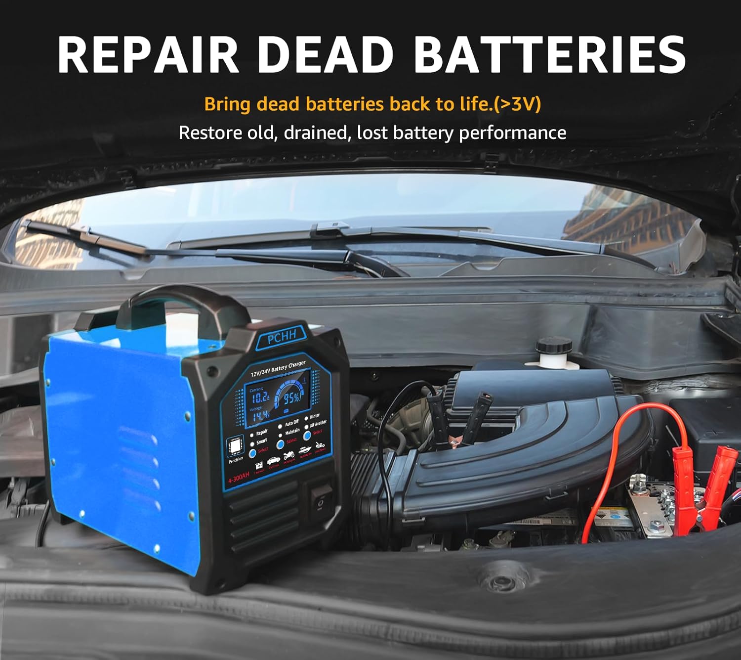PCHH 12V 24V Car Battery Charger Heavy Duty, 0-15A Automatic Battery Maintainer, Smart Trickle Charger with Auto Shutoffs, Repair, Winter Mode, for Automotive Car Truck Motorcycle Lawn Mower Boat AGM