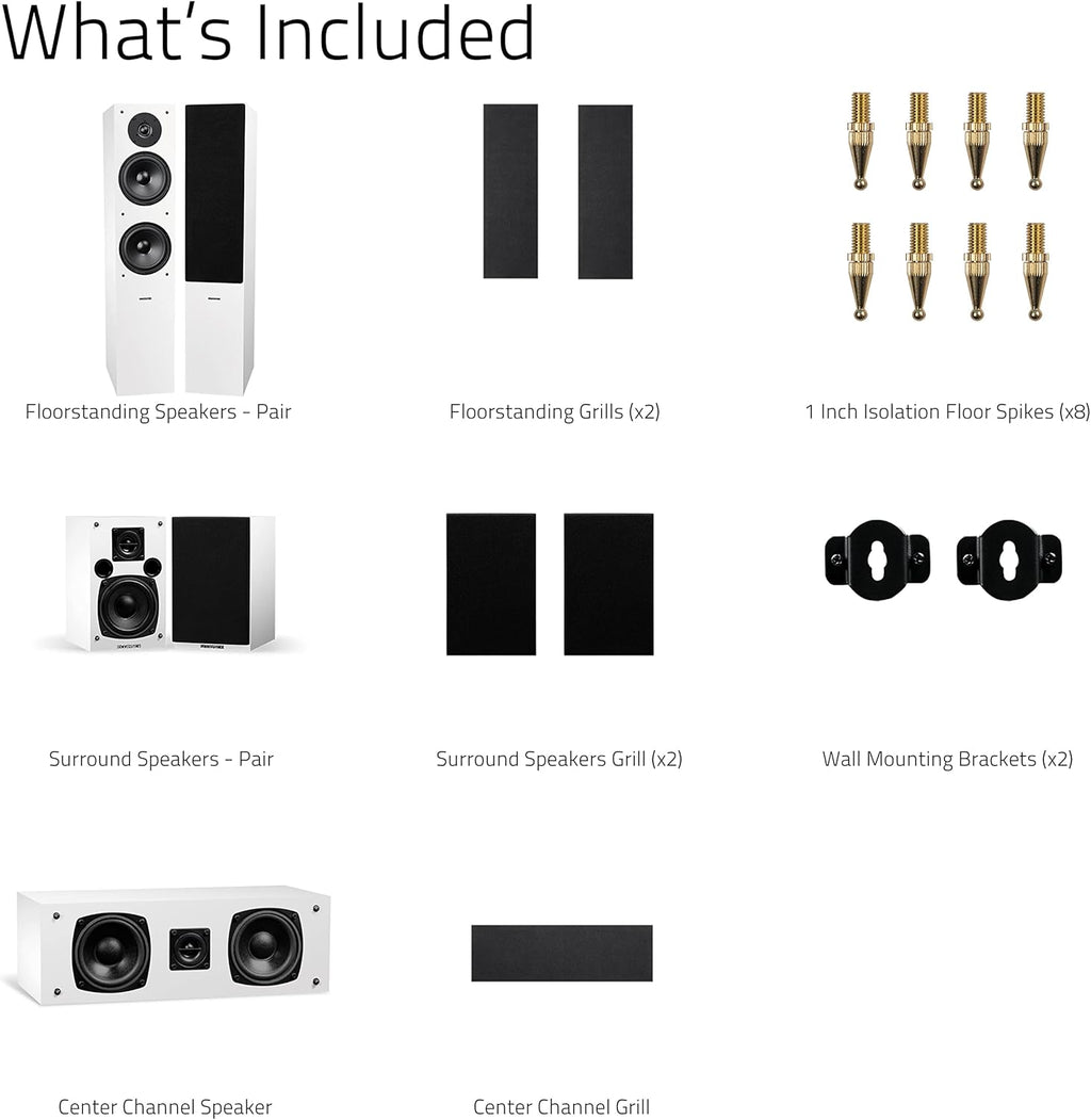 Fluance Elite High Definition Surround Sound Home Theater 5.0 Channel Speaker System Including Floorstanding Towers, Center Channel and Rear Surround Speakers - White (SXHTBWH)